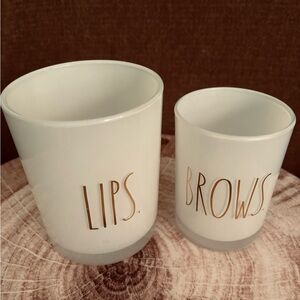 Rae Dunn White With Gold Lettering Glass Makeup Holders